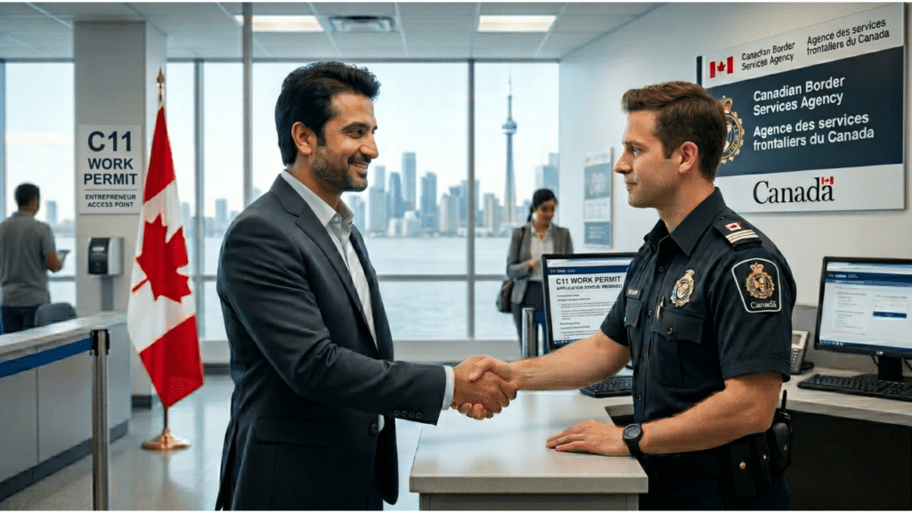 A UAE Entrepreneur in a suit shakes hands with a Canadian border officer at an immigration office, with the Canada flag and Toronto skyline visible. Signs display C11 Work Permit and Canadian Border Services Agency.
