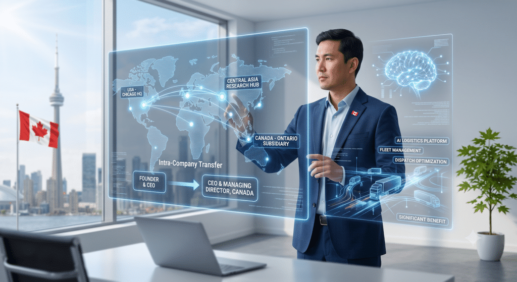 A tech founder in a suit interacts with a transparent digital screen showing maps, charts, and logistics data in a modern office with a Canadian flag and city skyline visible outside the window.