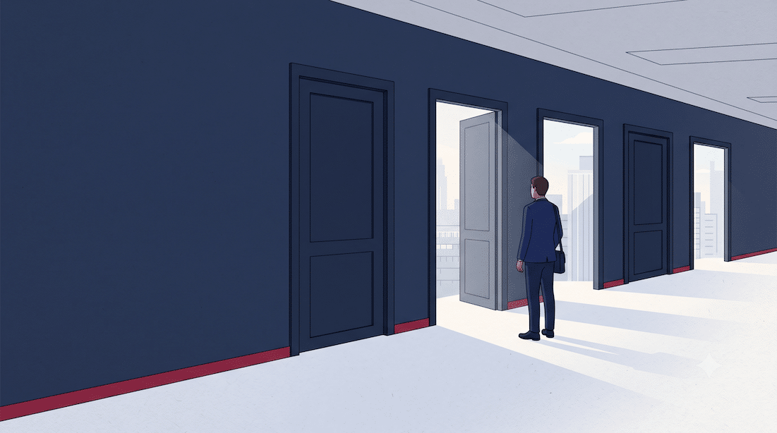 Illustration of a corridor of doorways, some open and some closed, representing which Canadian business immigration pathways are available in 2026