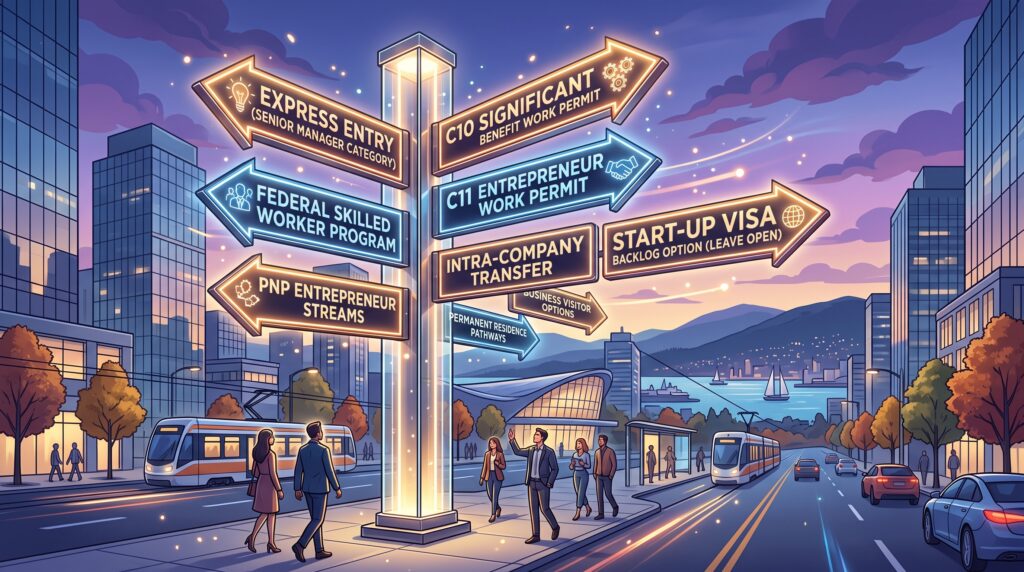 A city street at sunset shows people walking near a glowing signpost with arrows for various Canadian immigration pathways, including Express Entry, Intra-Company Transfer, and Canada Start-up Visa. The scene subtly alludes to the canada start-up visa backlog 2026, as more hopeful newcomers survey their options beneath the warm evening light with buildings and mountains visible in the background.