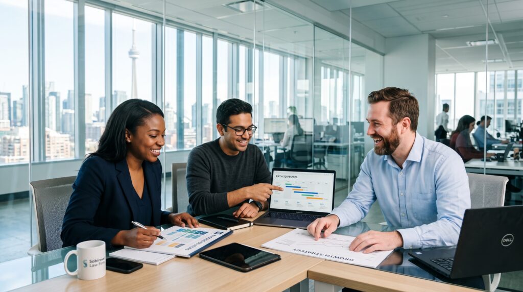 Three colleagues sit at a conference table in a modern office, smiling and discussing charts and graphs on paper and a laptop, with city buildings visible through large windows. Their conversation focuses on strategies to address the Canada Start-up Visa backlog projected for 2026, brainstorming innovative solutions to streamline the process for entrepreneurs.