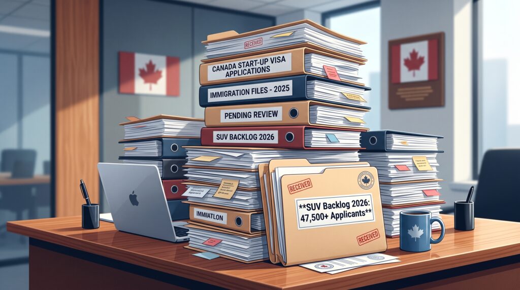 A cluttered office desk with stacks of folders and paperwork labeled with Canadian immigration topics, a laptop, a mug with a maple leaf, and documents highlighting the canada start-up visa backlog 2026. Canada flags are in the background.